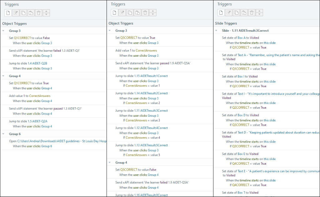 Some of the Storyline triggers used in the interaction
